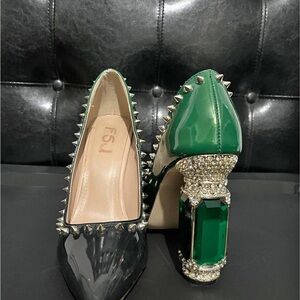 FSJ Black and Green Studded Heels with Gem Detail